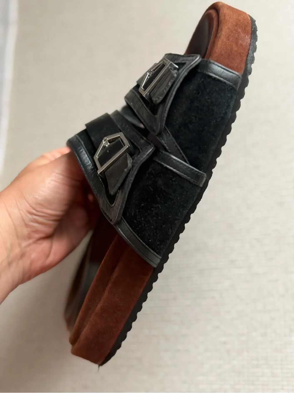 Zara SPLS Black Leather Slide Sandals with Brown Footbed